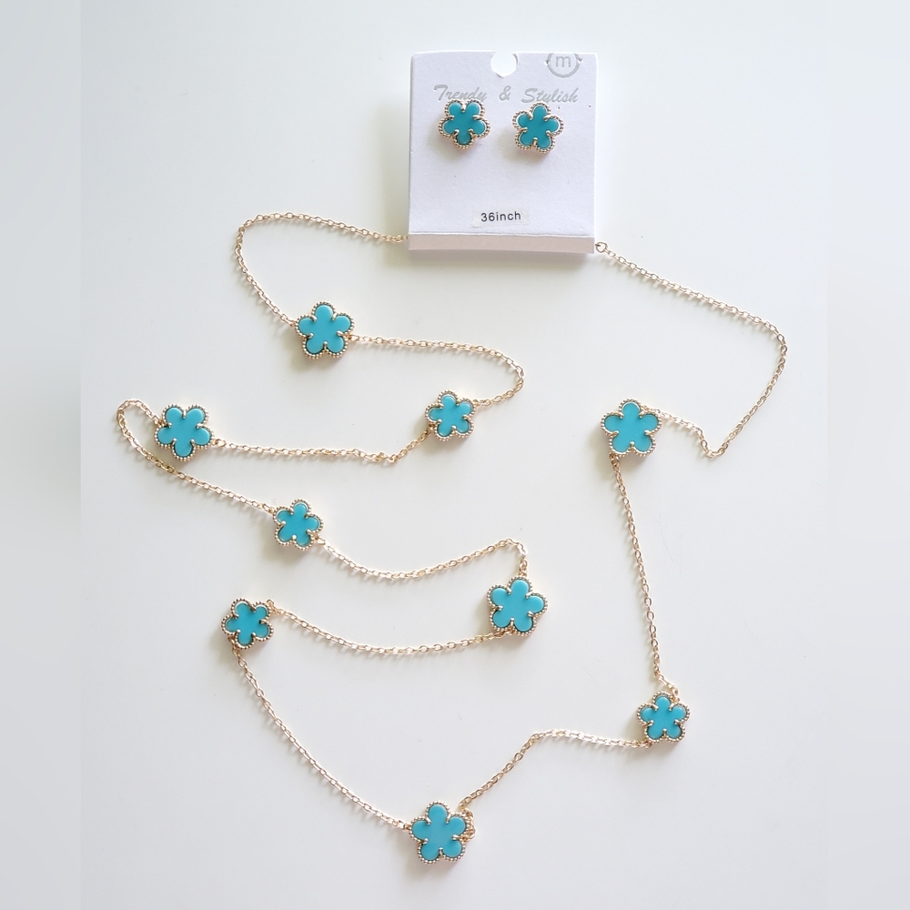 Elegant Five Leaf Clover Necklace and Earring Set - Turquoise Blue